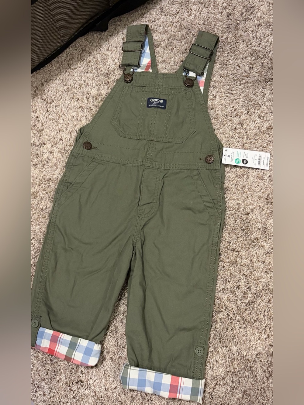 OshKosh B'gosh Olive Green Plaid-Cuff Kids Overalls